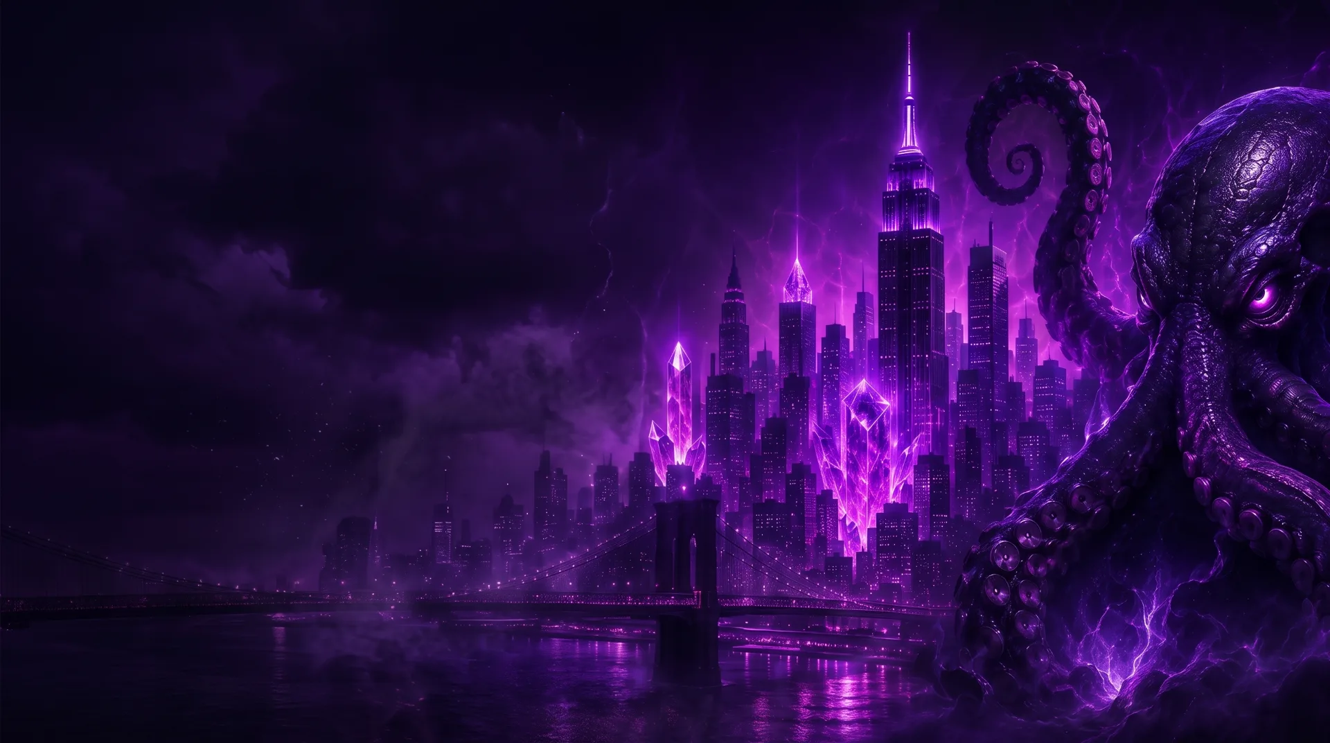 Arte de la temporada actual: un pulpo sobre la ciudad de noche